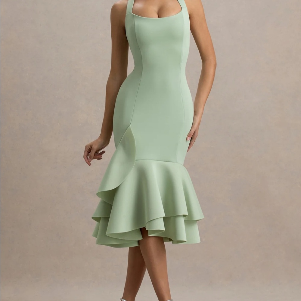 ClubLLondon light Green halter midi Dress with ruffle